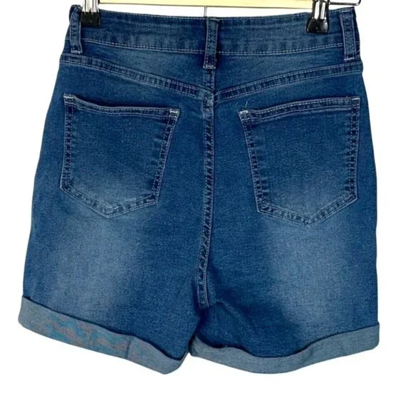 Distressed High Waisted Roll Cuffed Stretch Denim Blue Jean Shorts Women's Small - Picture 4 of 8